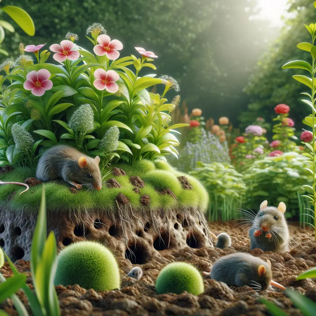 A garden showing damaged plants and soil with molehills and tunnels, and a few rodents like mice and moles moving around. Healthy plants and flowers are seen in the background.