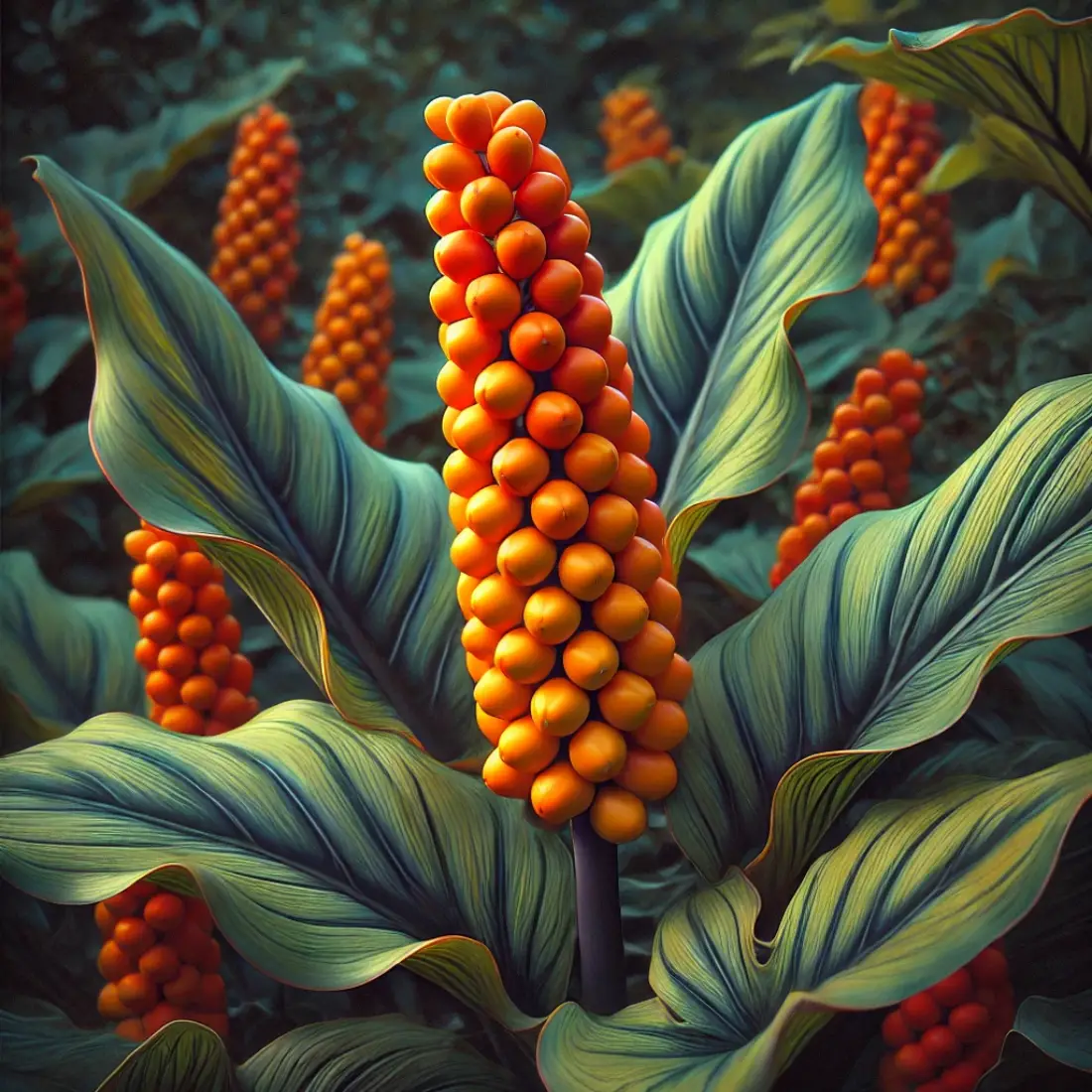 Image of a single Italian Arum (Arum italicum) plant with clusters of orange-red berries and glossy, dark-green, arrow-shaped leaves in a shaded garden setting.