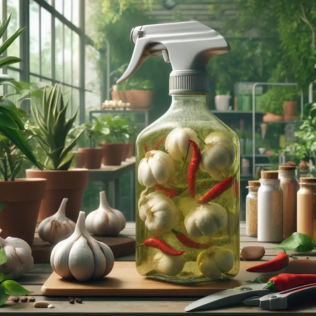 Homemade garlic and chili spray bottle on a table with gardening tools, surrounded by vibrant, pest-free indoor plants.