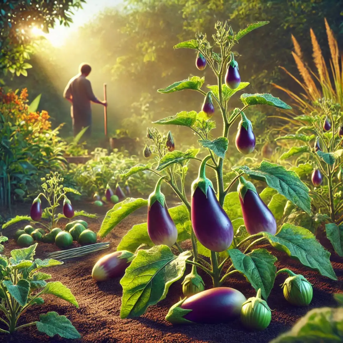 Lush backyard garden with healthy eggplants in various growth stages, tended by a gardener, bathed in warm sunlight.