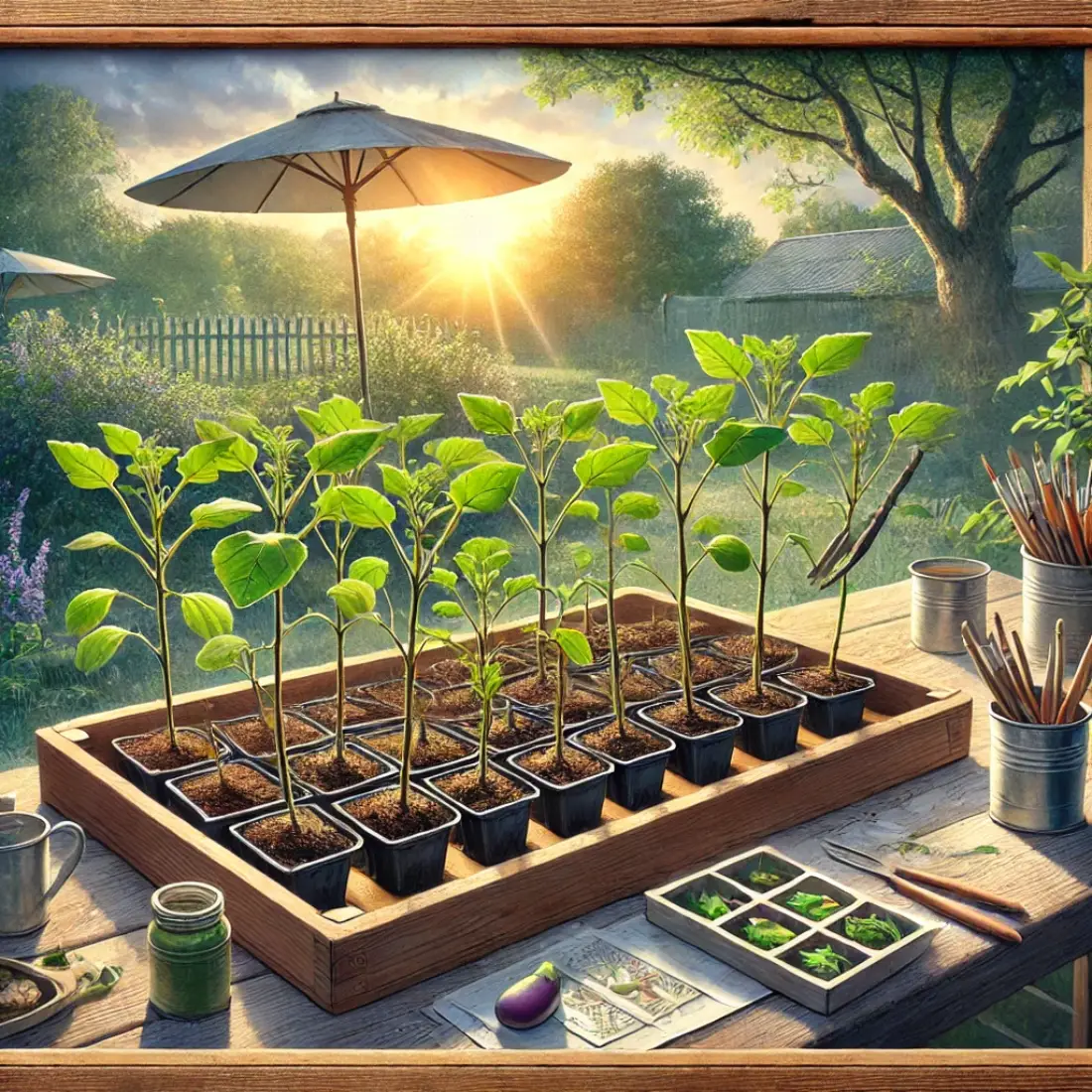 Outdoor garden scene with healthy eggplant seedlings in trays on a table, exposed to a mix of sunlight and shade under a slightly cloudy sky.