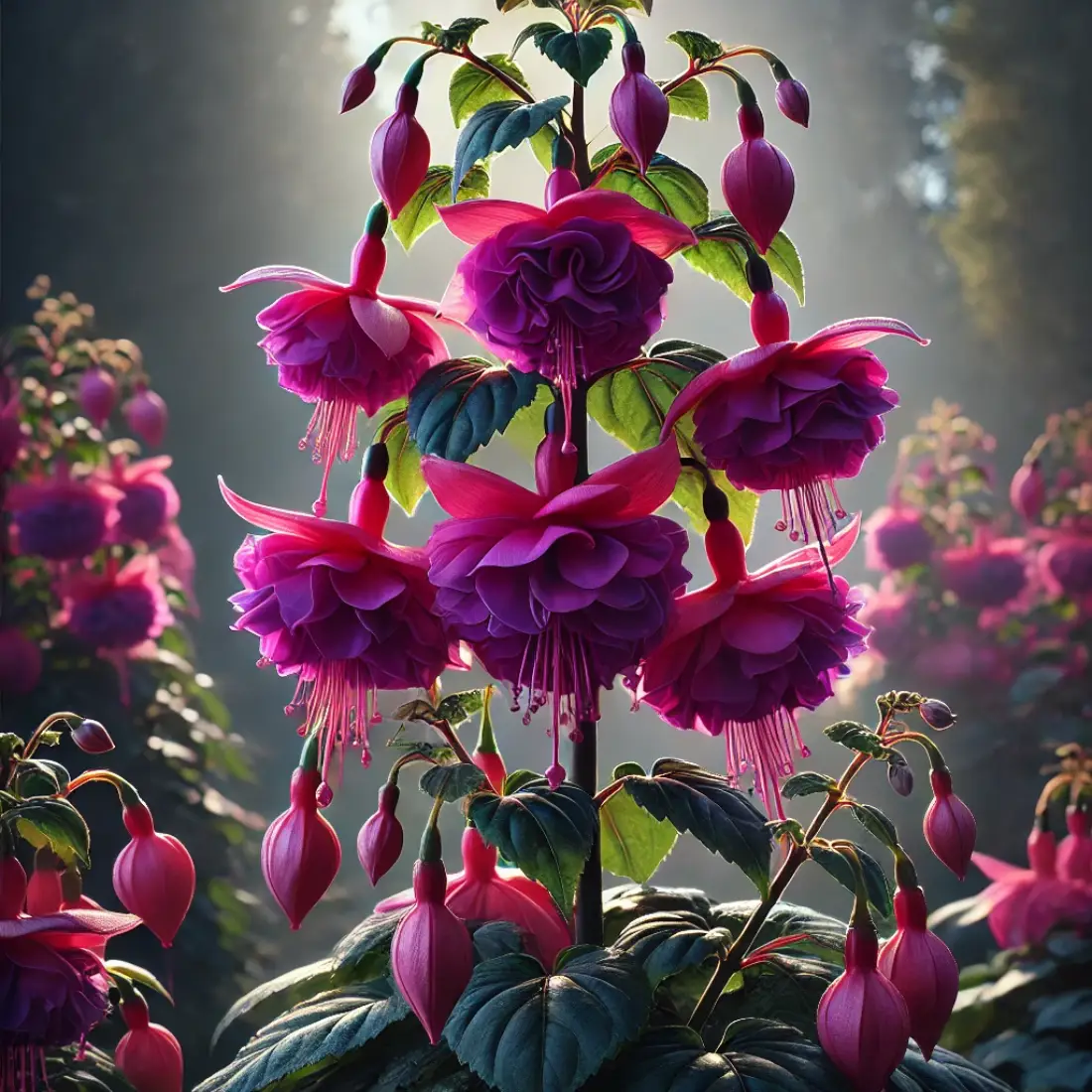 Dollar Princess' fuchsia with vibrant double blooms in deep pink and purple, featuring dark green foliage in a garden setting.