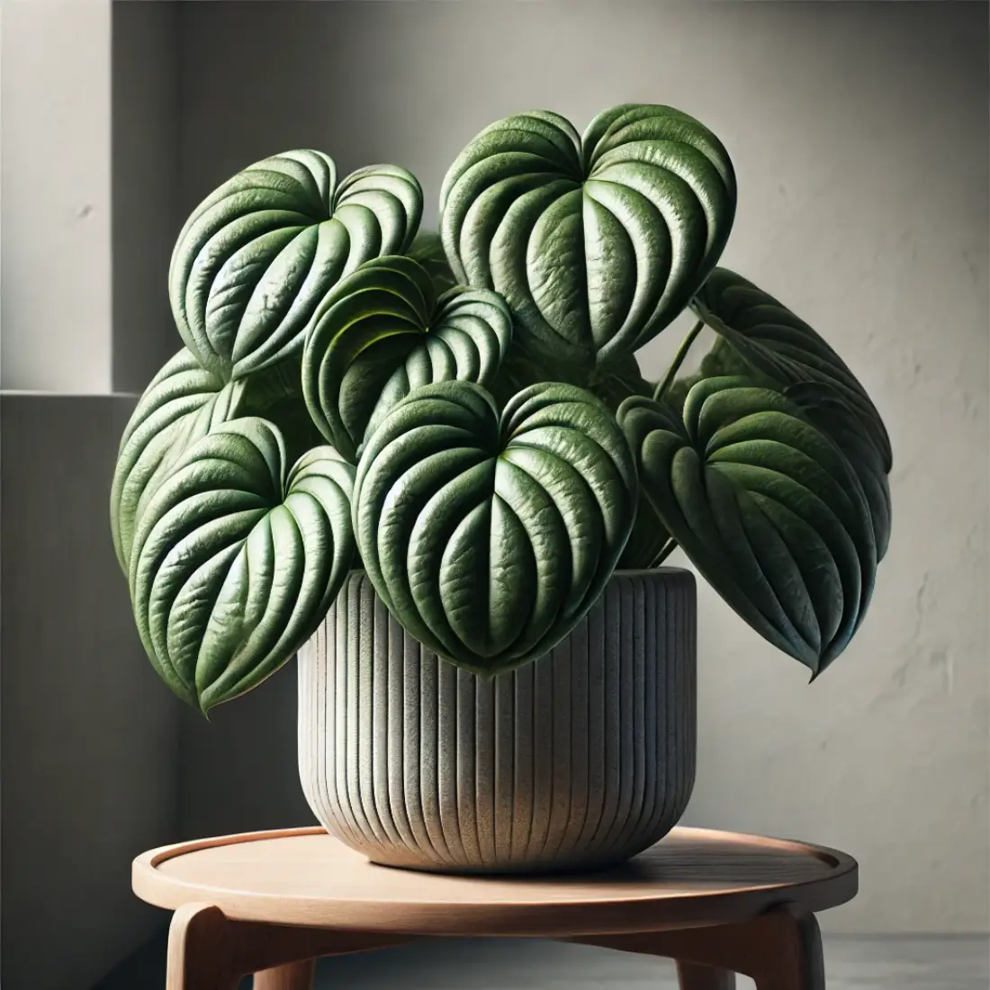 Peperomia caperata plant with deeply corrugated dark green leaves in a modern planter on a wooden table, in a room with hints of humidity and soft, moderate lighting.
