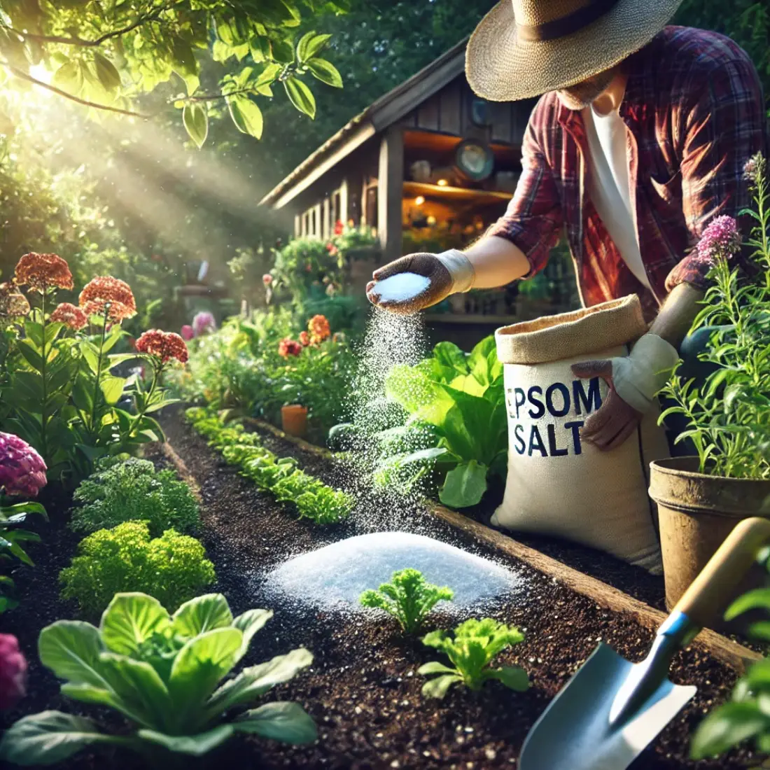 Gardener wearing a straw hat and gloves sprinkling Epsom salt around plants in a lush, well-organized garden.