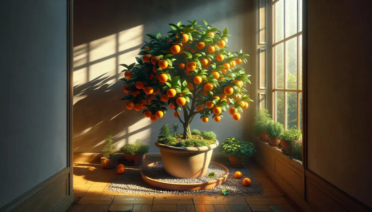 Indoor clementine tree with bright fruits and glossy leaves by a sunny window, showcasing healthy indoor gardening.