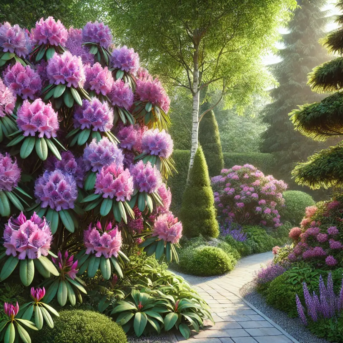 Evergreen rhododendrons with lush foliage and vibrant purple and pink blooms in a well-maintained garden with a pathway and bench.