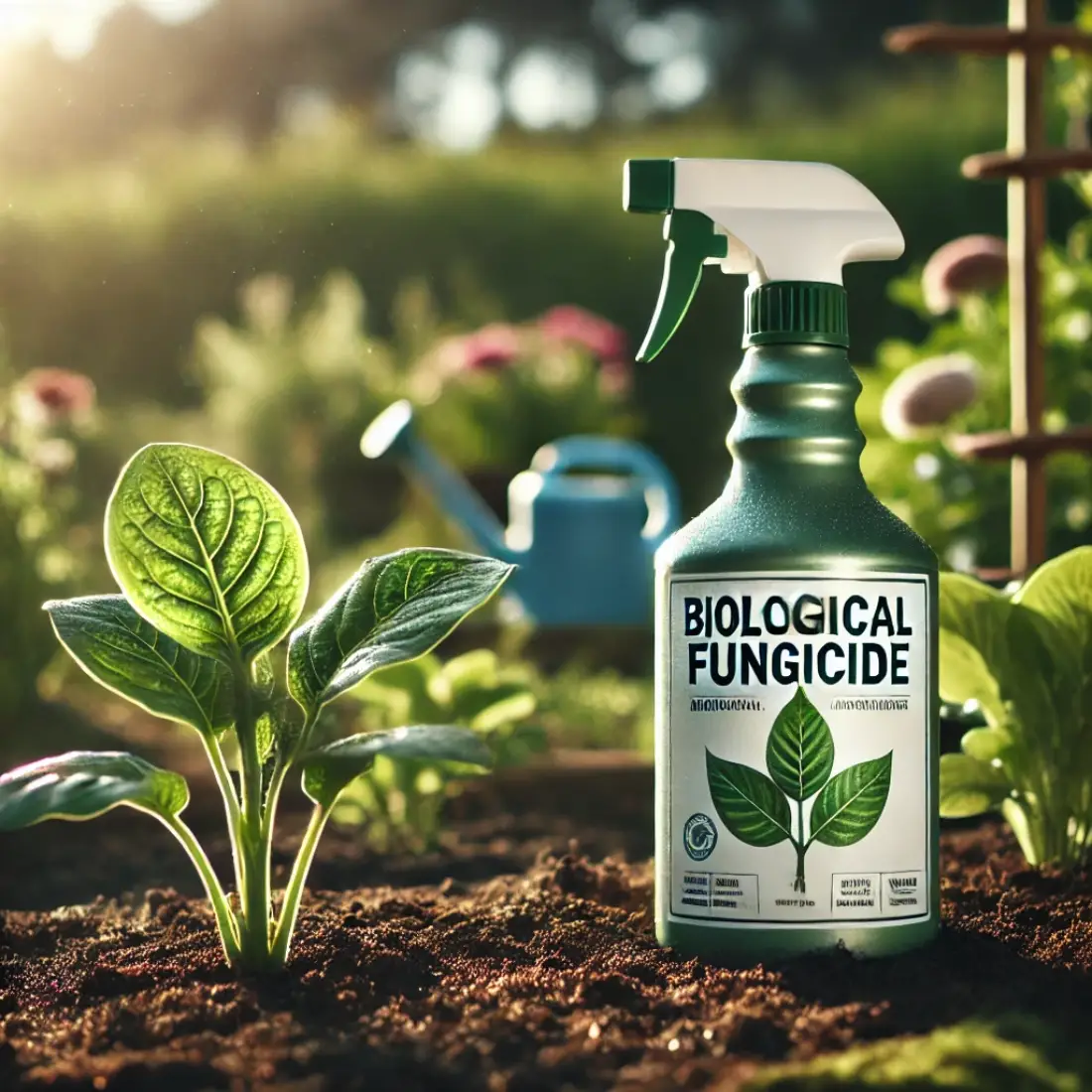 A spray bottle labeled 'Biological Fungicide' sits in a garden near healthy plants, with sunlight highlighting the greenery.