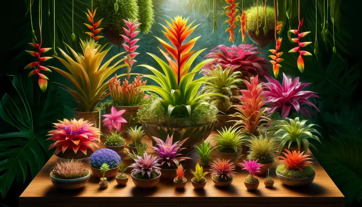 Collection of colorful bromeliads, including Aechmea, Guzmania, and Cryptanthus, arranged in pots, in a humid indoor setting