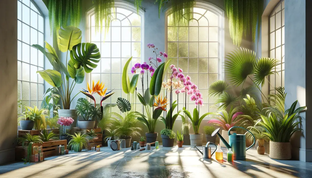 Bright room with large windows nurturing orchids, Bird of Paradise, Monstera, and Philodendron, embodying a tropical indoor garden paradise