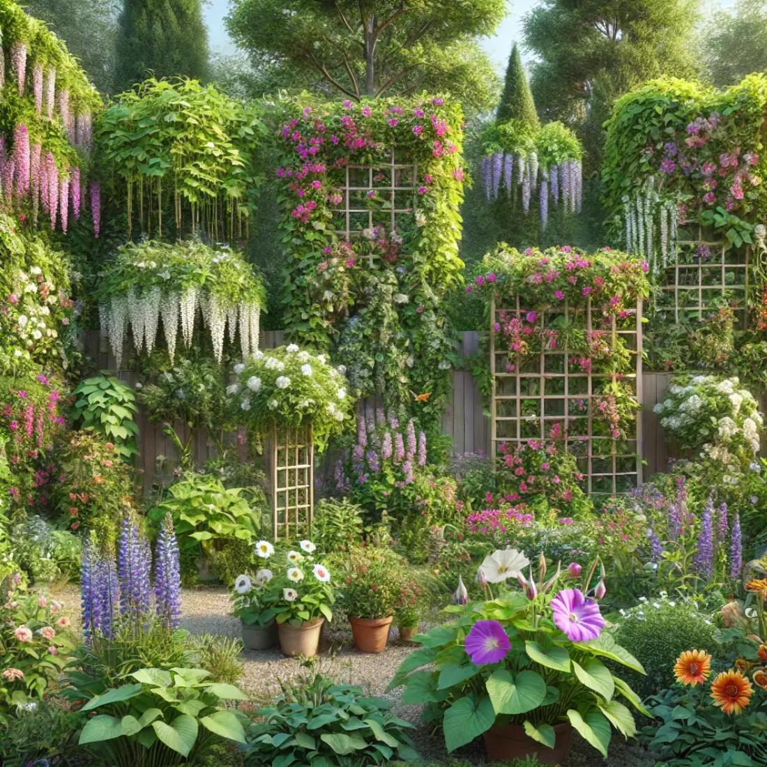 A realistic garden with honeysuckle, morning glory, clematis, wisteria, and ivy quickly covering trellises, walls, and fences. Lush greenery and colorful flowers attract bees and butterflies.