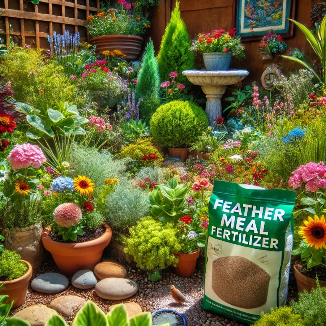 A lush small garden with colorful flowers and green shrubs, featuring a partially opened bag of feather meal fertilizer in the lower right corner.