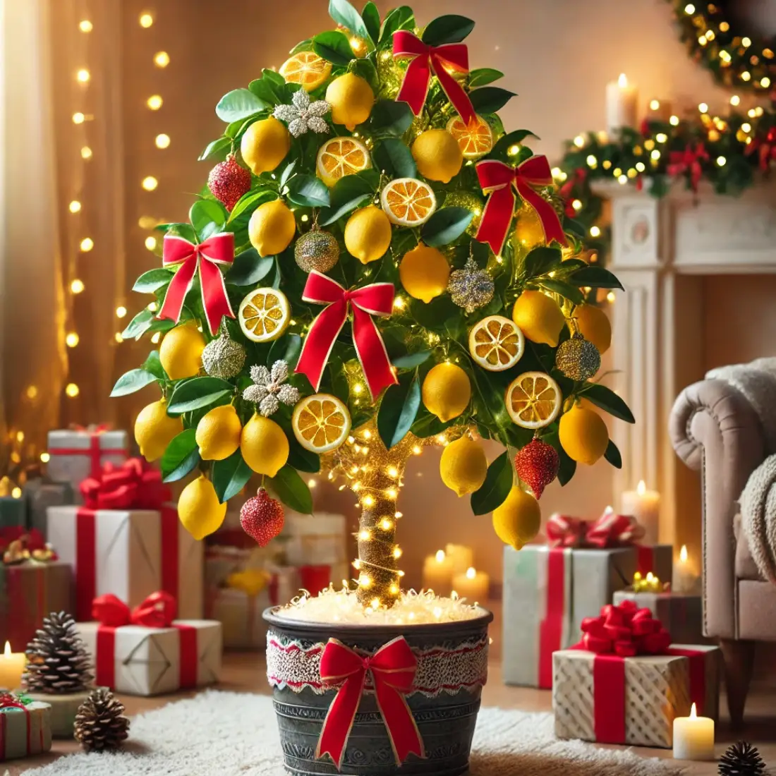 Potted lemon tree with glossy leaves, yellow fruit, red bows, ornaments, and fairy lights, surrounded by gifts and festive accents.