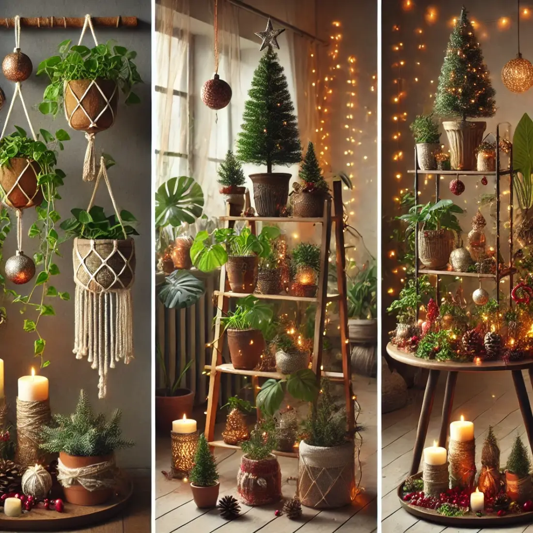 Holiday-themed plant decor: hanging ivy in macramé, tiered plants on a ladder, and a bonsai centerpiece with candles and fairy lights.