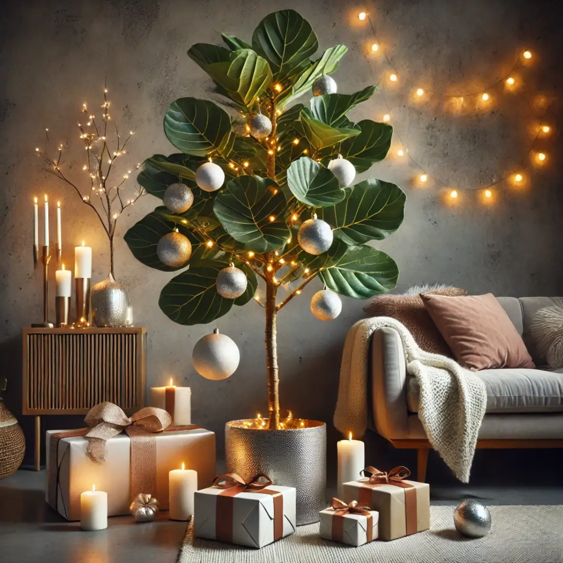 Modern fiddle-leaf fig decorated with lightweight ornaments and string lights, surrounded by wrapped gifts in a cozy holiday living room.