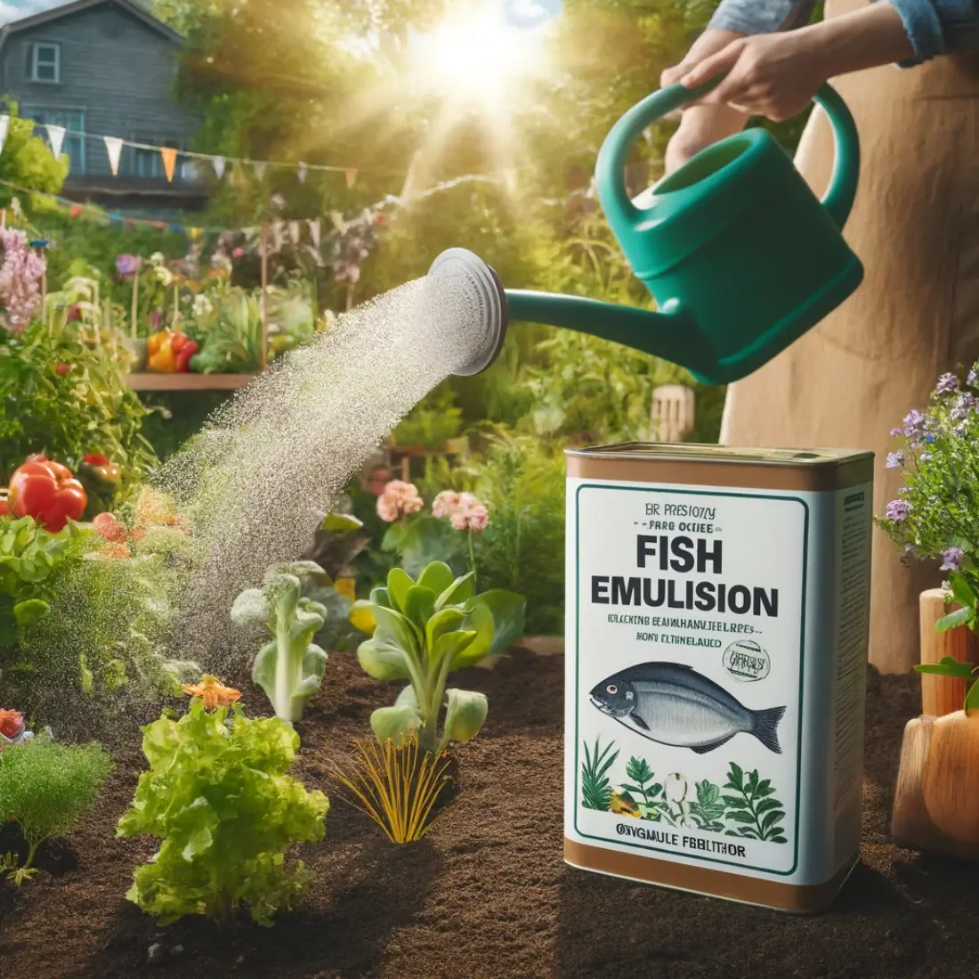 Gardener pouring fish emulsion from a watering can onto soil around vibrant plants, with a labeled fish emulsion container nearby. Thriving vegetables and flowers in the background.