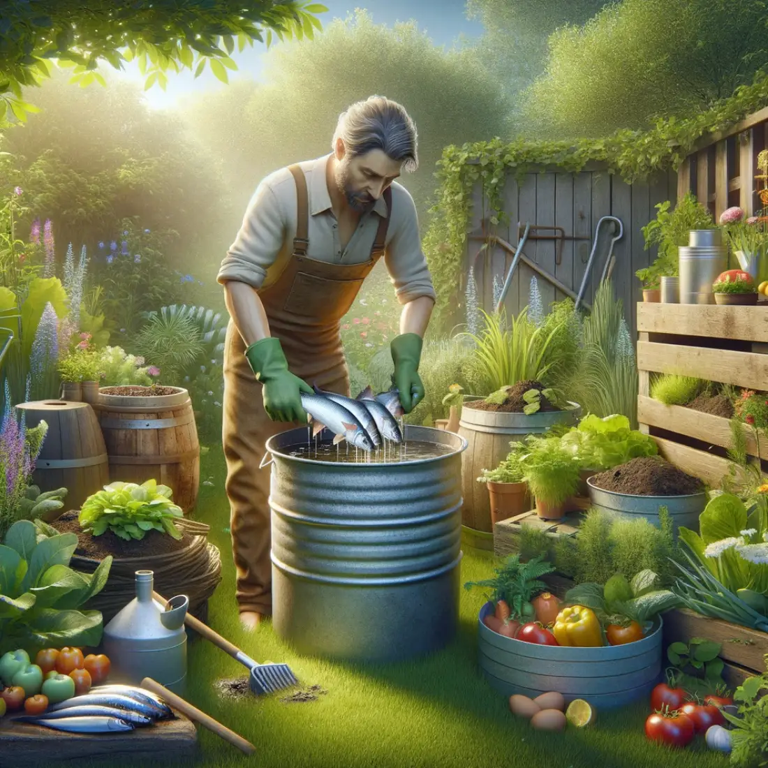 Gardener mixing fish emulsion fertilizer in a backyard garden, surrounded by lush plants and gardening tools.