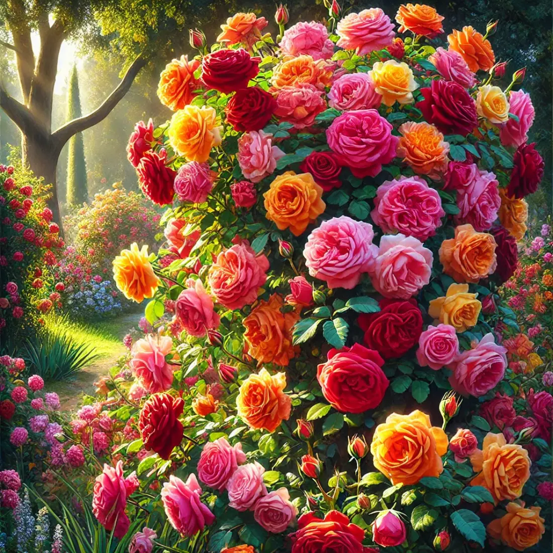 Floribunda Roses blooming in pink, red, orange, and yellow clusters, surrounded by green foliage in a sunny garden.