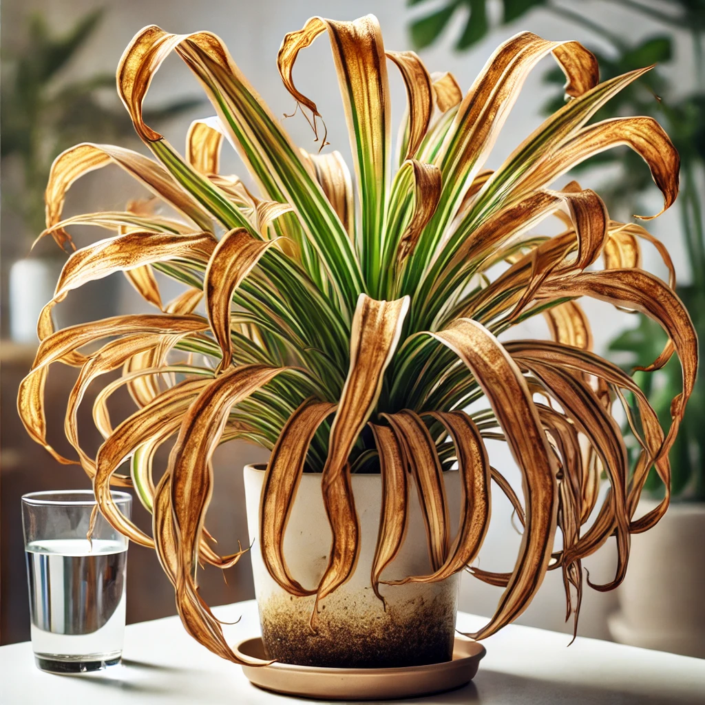 Close-up of a Spider Plant with brown, crispy leaf tips showing signs of fluoride toxicity, with a water glass and watering can in the background.