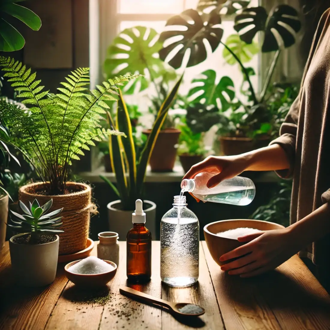 Person preparing homemade foliar spray at a wooden table, with green houseplants in the background.