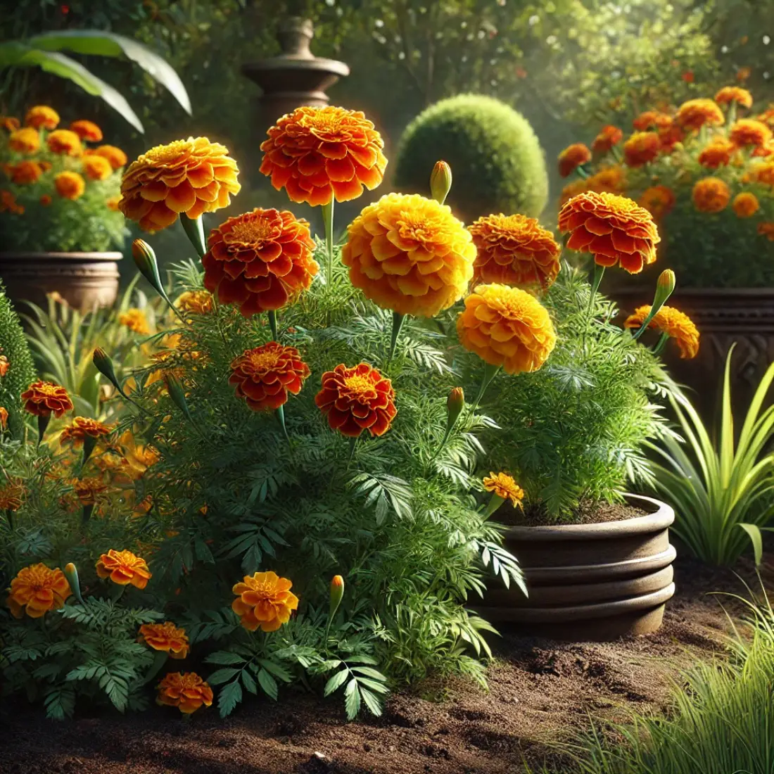 A highly realistic garden scene featuring smaller, bushy French Marigolds in shades of orange, yellow, and red, planted along borders and in decorative containers under natural sunlight.