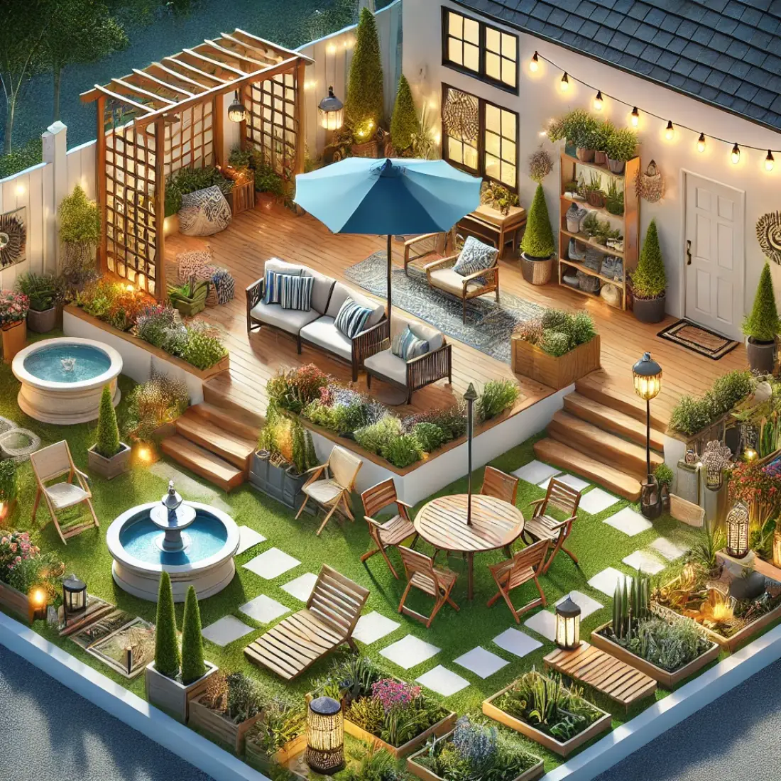 Small garden with multi-functional furniture, a water feature, solar lighting, a pergola, and decorative elements.