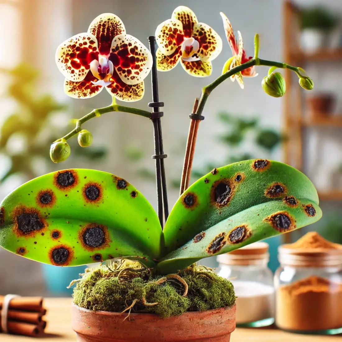 Close-up of an orchid plant with initial signs of fungal infection, showing small dark spots and lesions on leaves. The plant looks somewhat unhealthy, and beside it on a wooden table are containers of cinnamon powder and baking soda. The background is a bright, airy room, suggesting a clean environment for treatment.