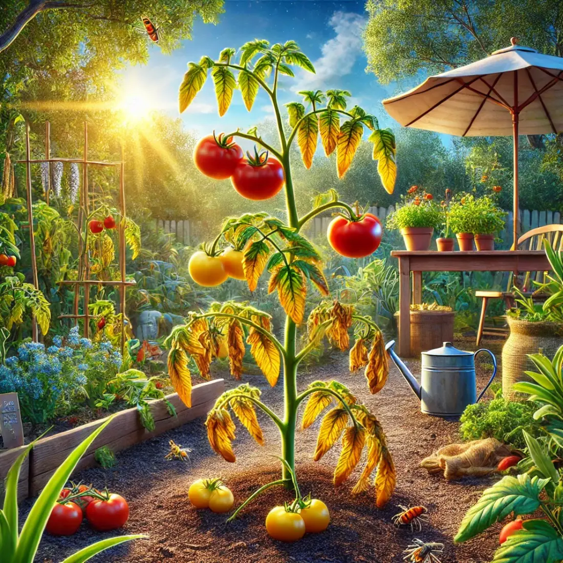 Realistic image of tomato plants in a small garden showing Fusarium Wilt symptoms: wilting, yellowing, and leaf drop, with healthy plants and organic control methods.