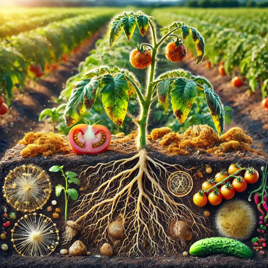 Tomato, banana, and cucumber plants with Fusarium Wilt symptoms alongside healthy plants and organic control methods on a sunny farm.