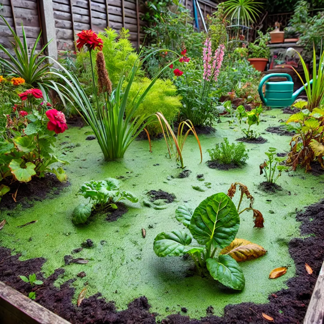 A shaded garden bed with green algae covering the soil, surrounded by various unhealthy plants, a wooden fence, and gardening tools.