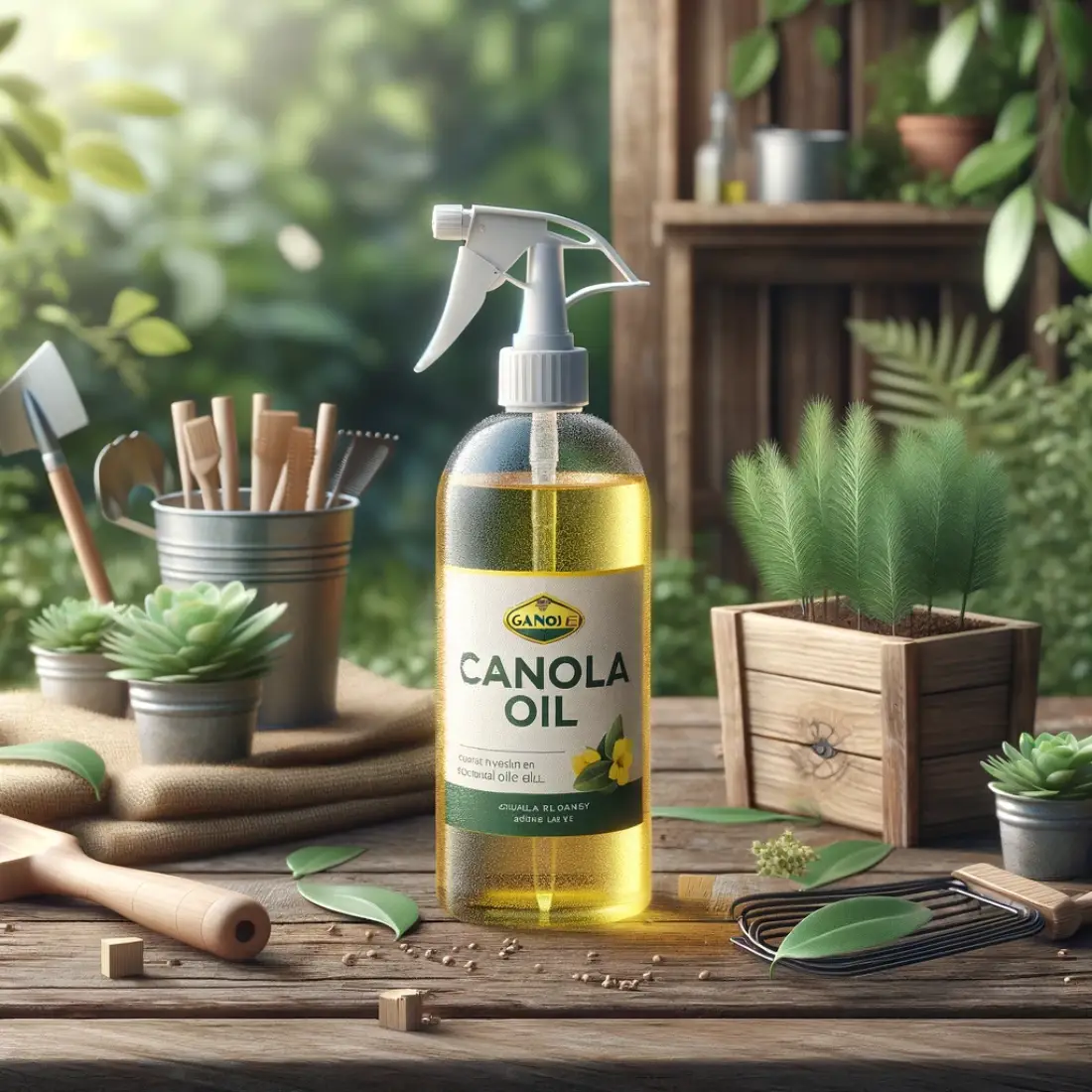 A spray bottle labeled "Canola Oil" sits on a rustic wooden table surrounded by green leaves and potted plants in an organic garden environment.