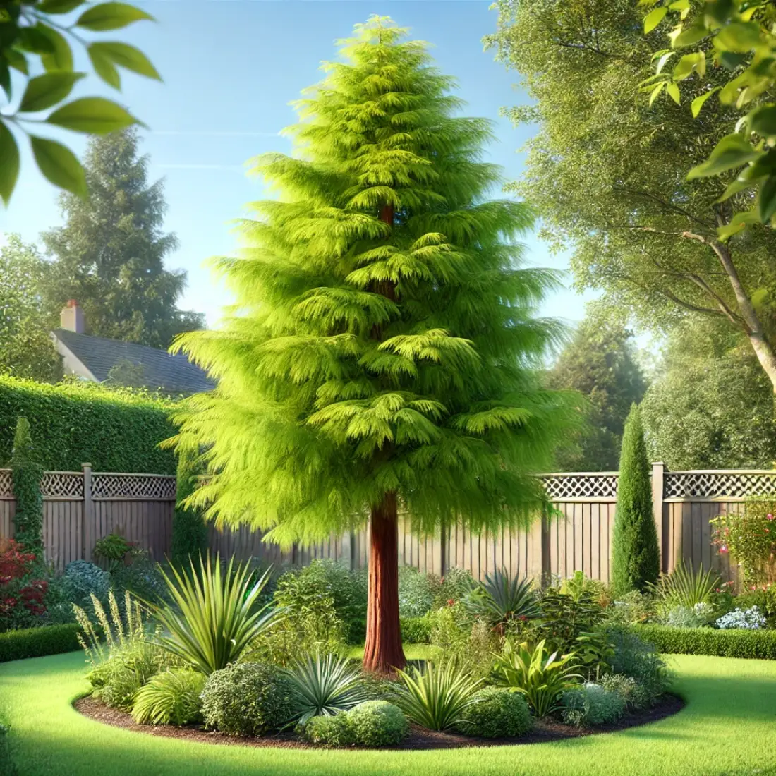 A small, peaceful home garden featuring a Dawn Redwood tree with a straight trunk and feathery bright green leaves, surrounded by a lush lawn and colorful plants under a clear, sunny sky.