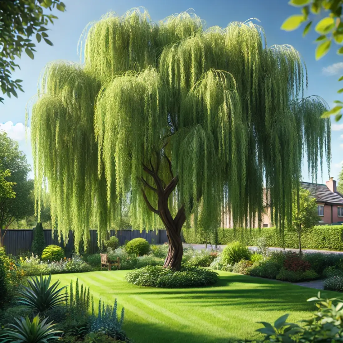 A small, serene home garden featuring a lush Weeping Willow tree with cascading branches under a clear, sunny sky. No people are visible.