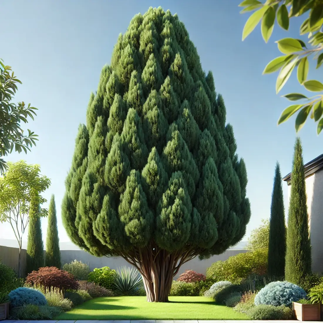 A small, serene home garden featuring a Leyland Cypress tree with dense, dark green foliage and a conical shape, surrounded by a lush lawn and colorful plants under a clear, sunny sky.