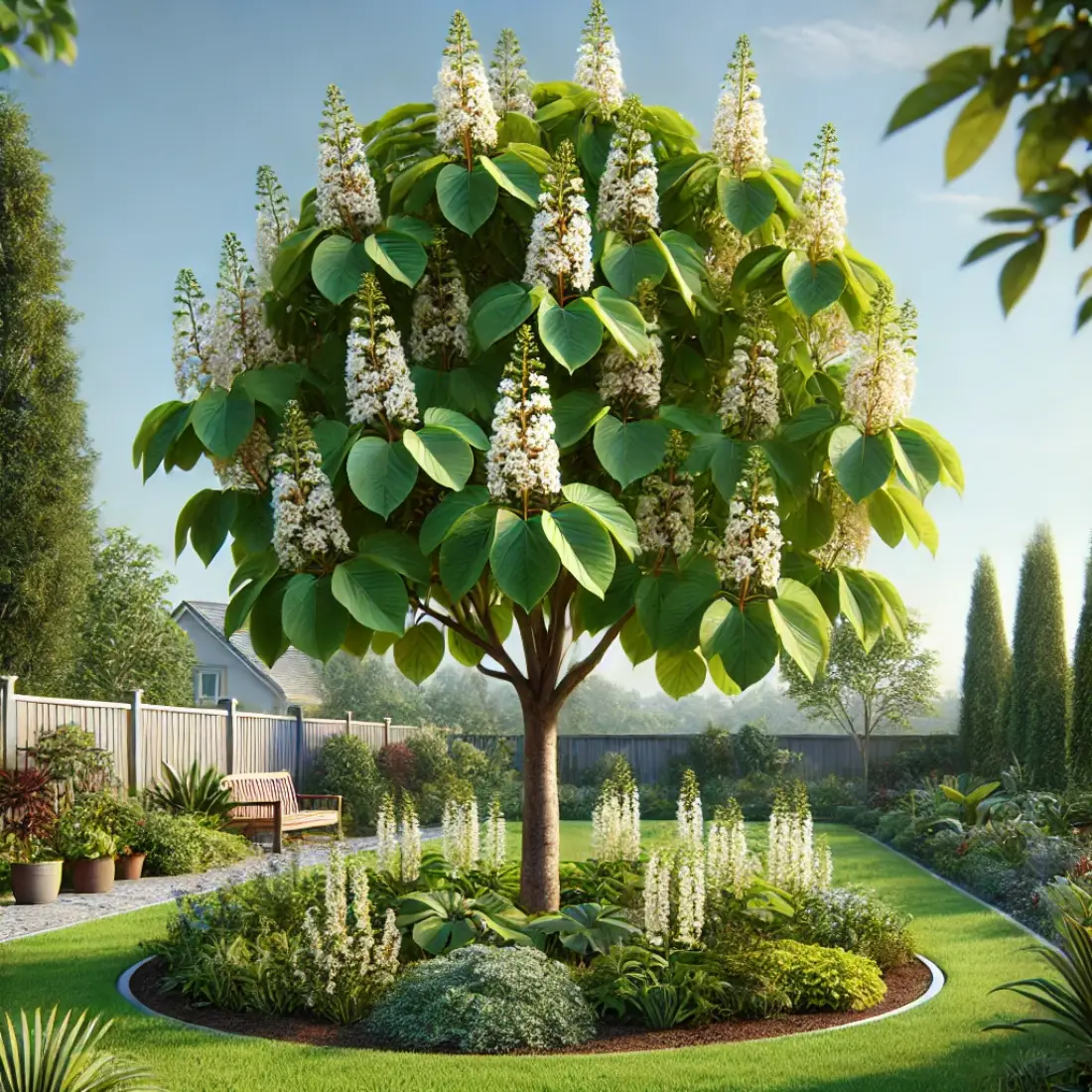 A small, serene home garden featuring a Northern Catalpa tree with large, heart-shaped leaves and clusters of white flowers under a clear, sunny sky.