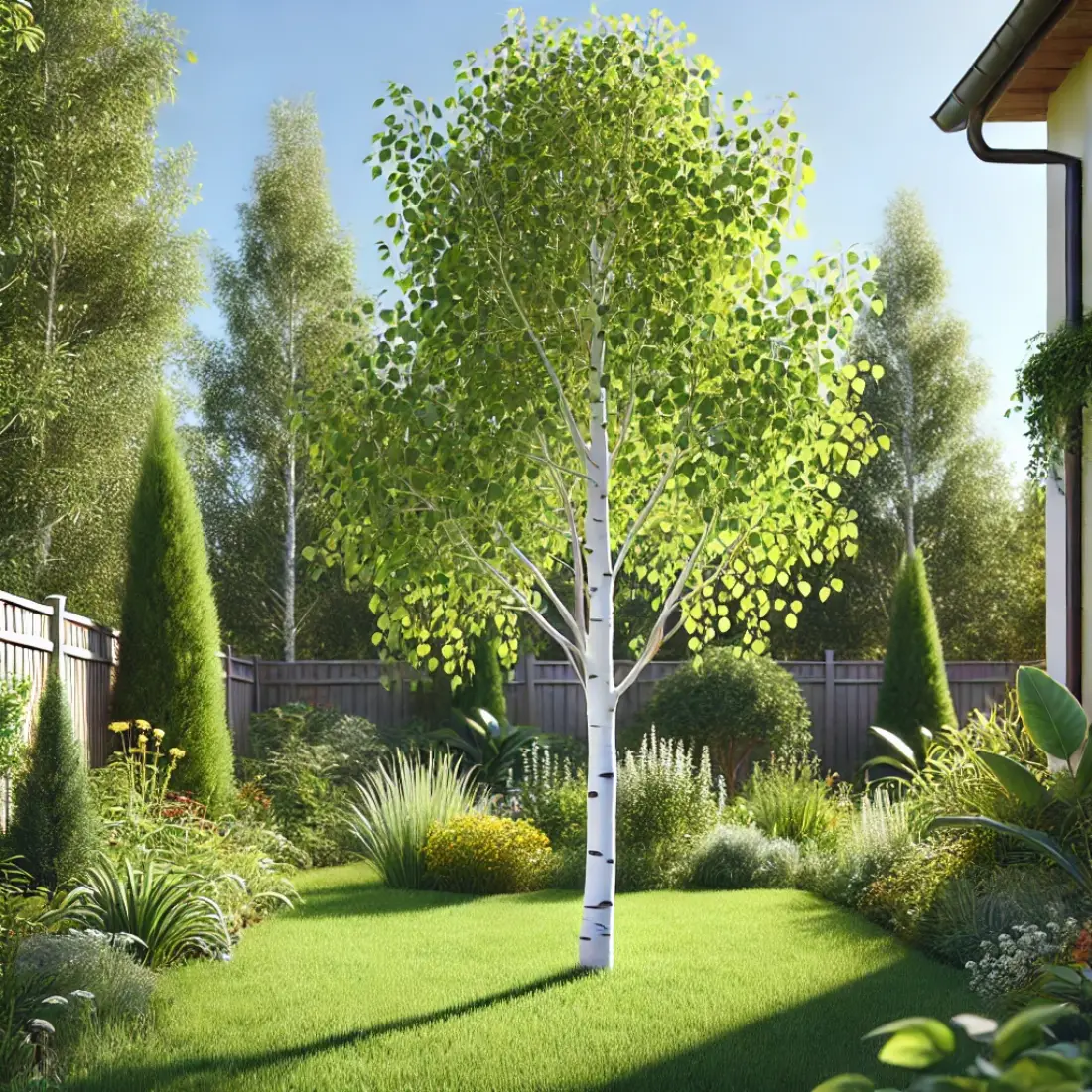 A small, peaceful home garden featuring a Quaking Aspen tree with slender white trunks and vibrant green leaves under a clear, sunny sky.