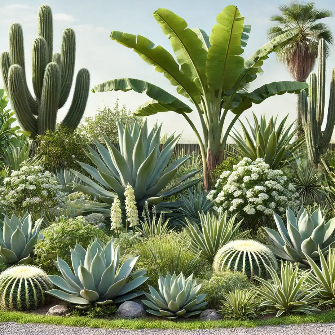 Garden featuring agave plants, banana plants, and saguaro cactus, thriving in a desert-like setting under a bright sunny sky.