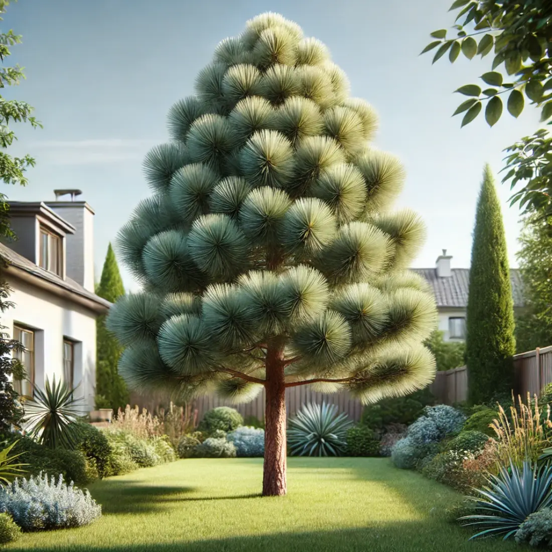 A small, peaceful home garden featuring an Eastern White Pine tree with soft, long needles and a classic conical shape under a clear, sunny sky. 