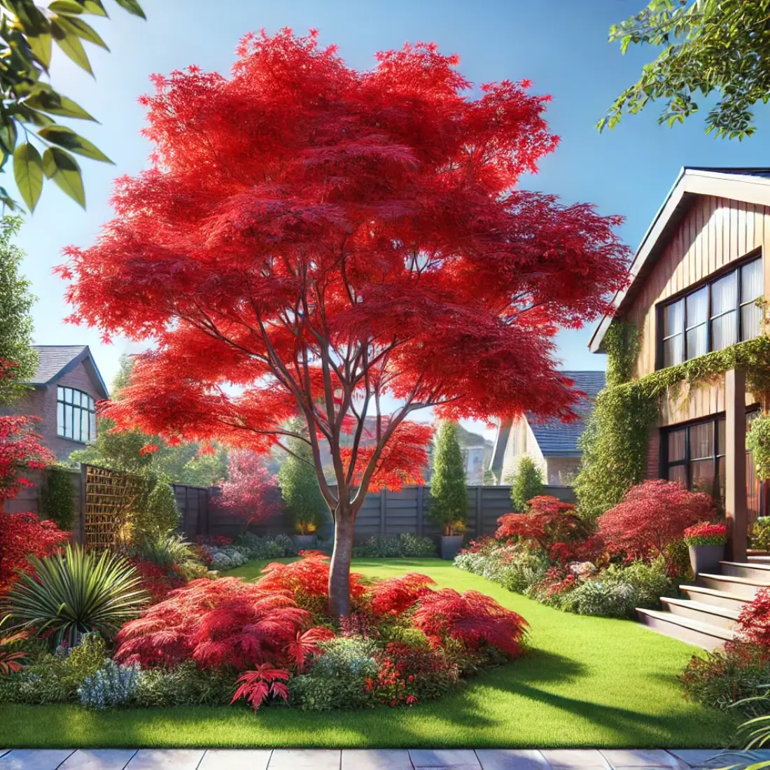 A small, picturesque home garden featuring an October Glory Red Maple tree with vibrant red autumn foliage under a clear, sunny sky.