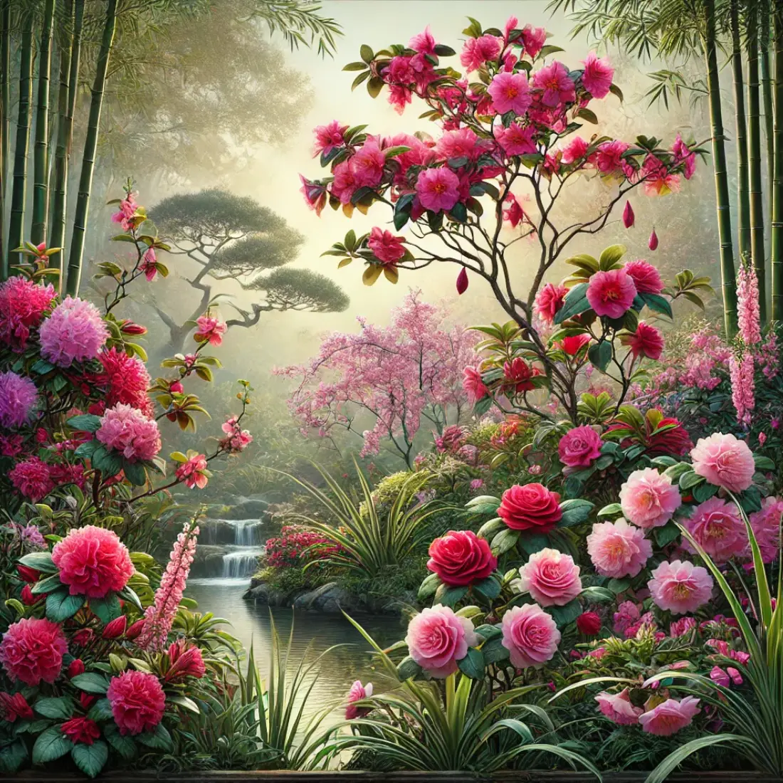 Detailed garden image featuring vibrant Azaleas, glossy-leaved Camellias with bright blooms, and iconic pink Cherry Blossoms in a serene setting.