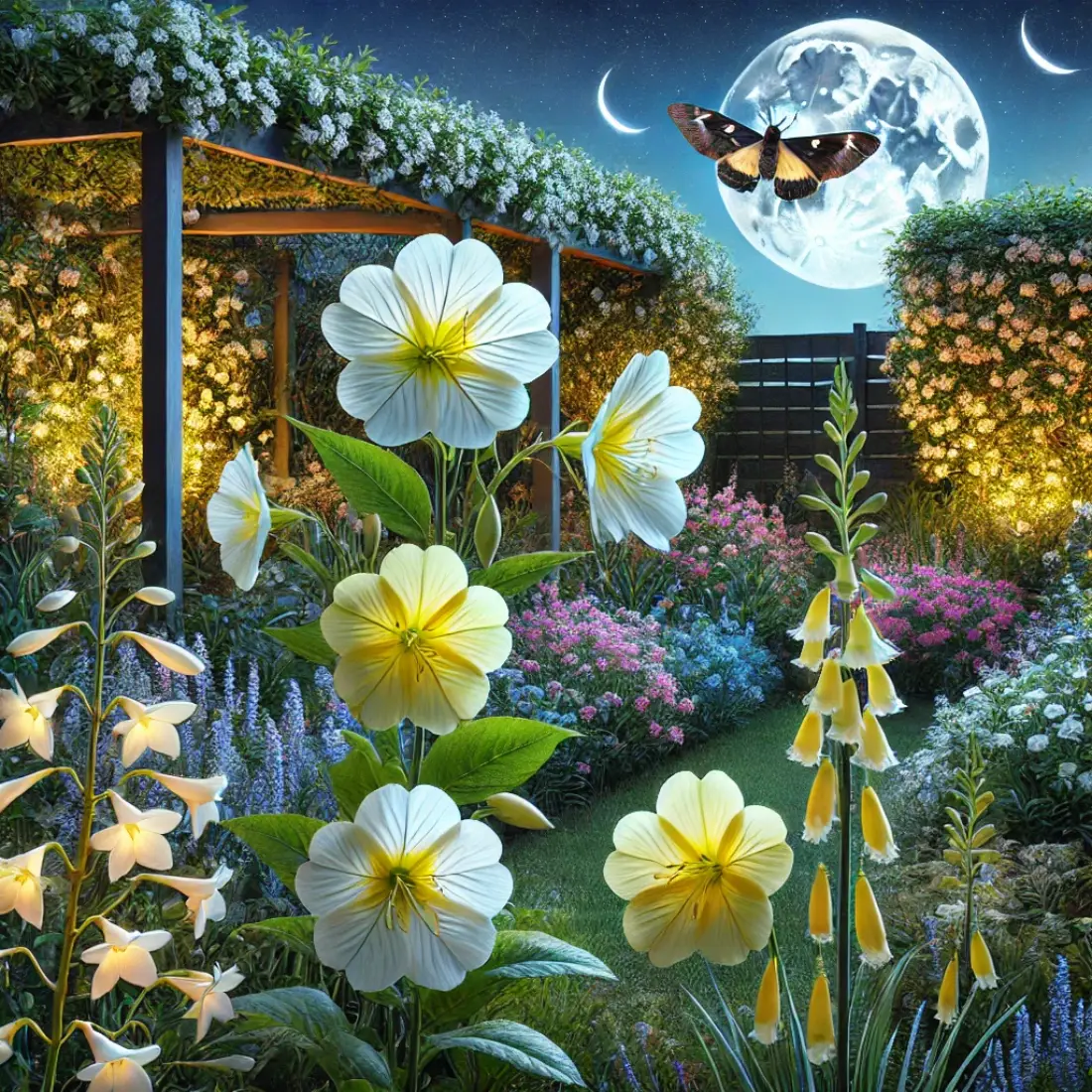 Garden featuring night-blooming plants like evening primrose, jasmine, and four o'clocks, attracting moths with their fragrant flowers.