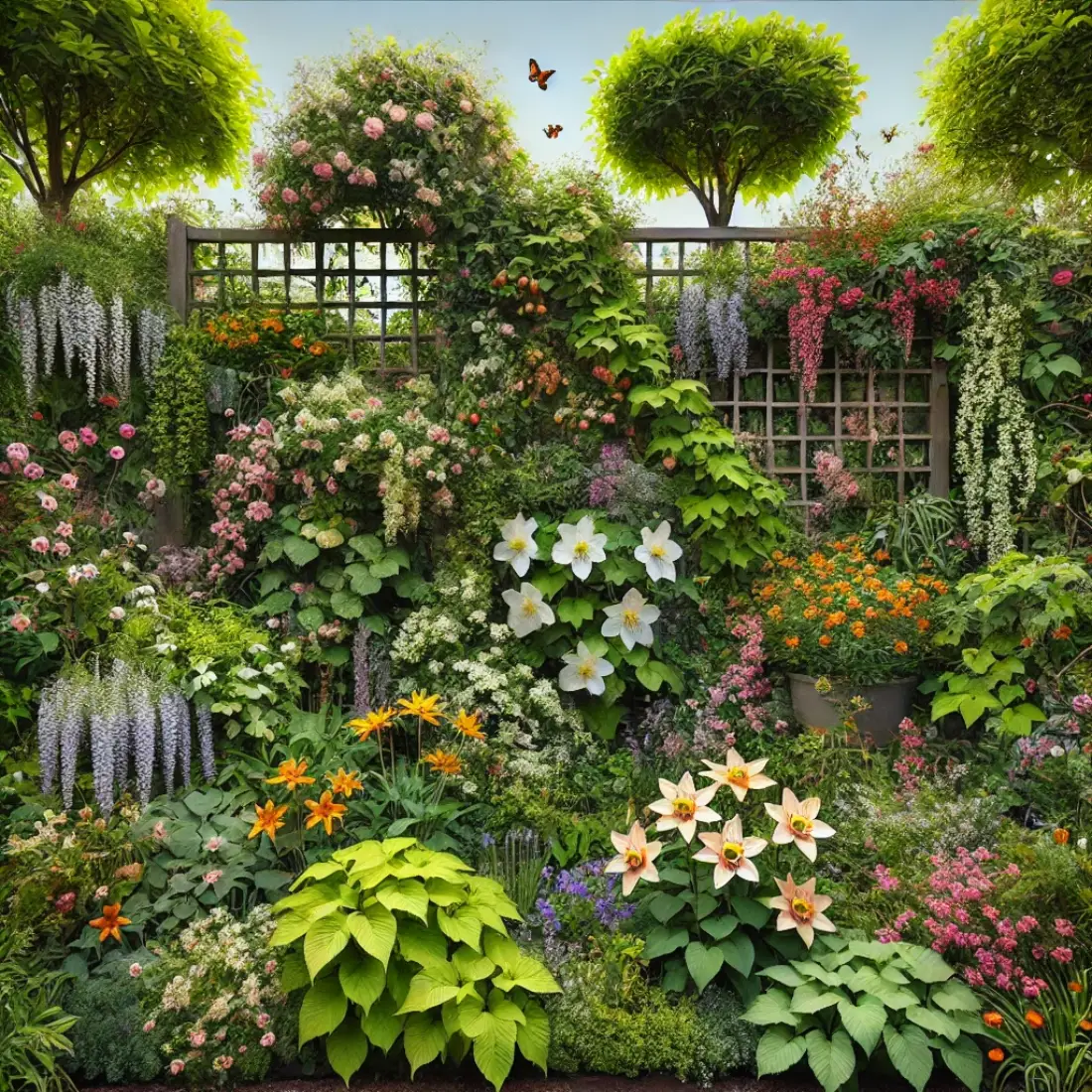 Garden with lush ivy, blooming evergreen clematis, winter jasmine, star jasmine, and pyracantha with bright berries. The plants cover trellises, walls, and fences, attracting bees and butterflies.