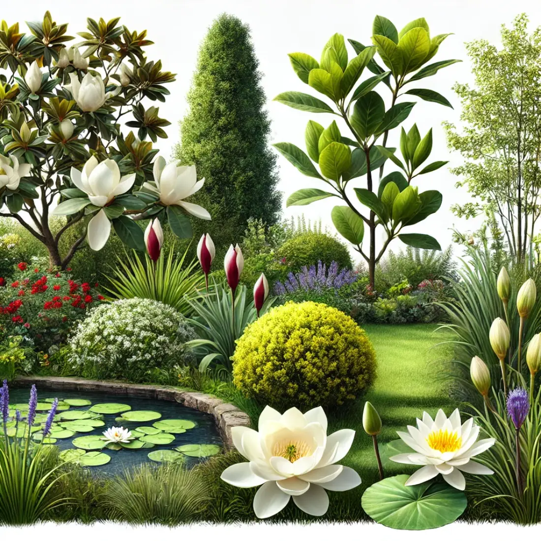 Garden showcasing magnolia with large flowers, spicebush with yellow blooms, and water lilies in a serene pond.