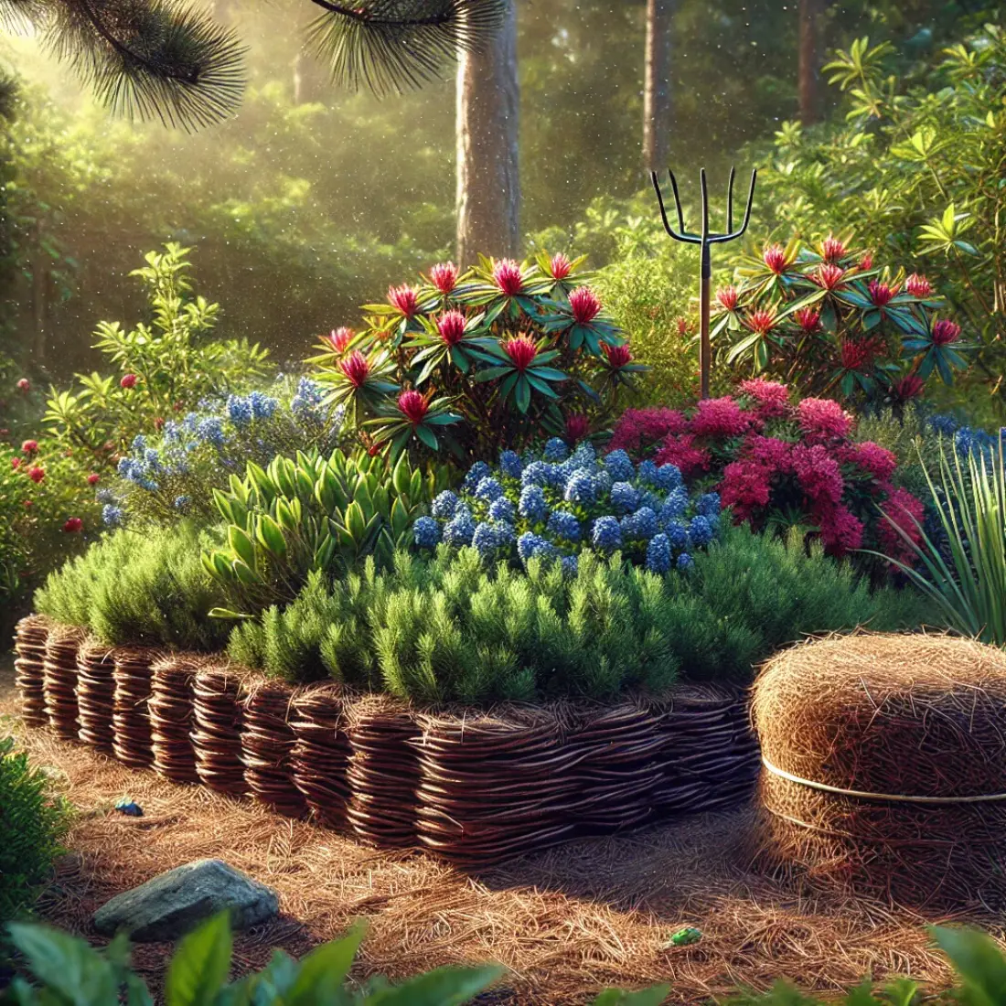 Organic garden with rhododendrons, azaleas, and blueberries mulched with a 2-3 inch layer of pine needles, showing their lightweight and airy texture.