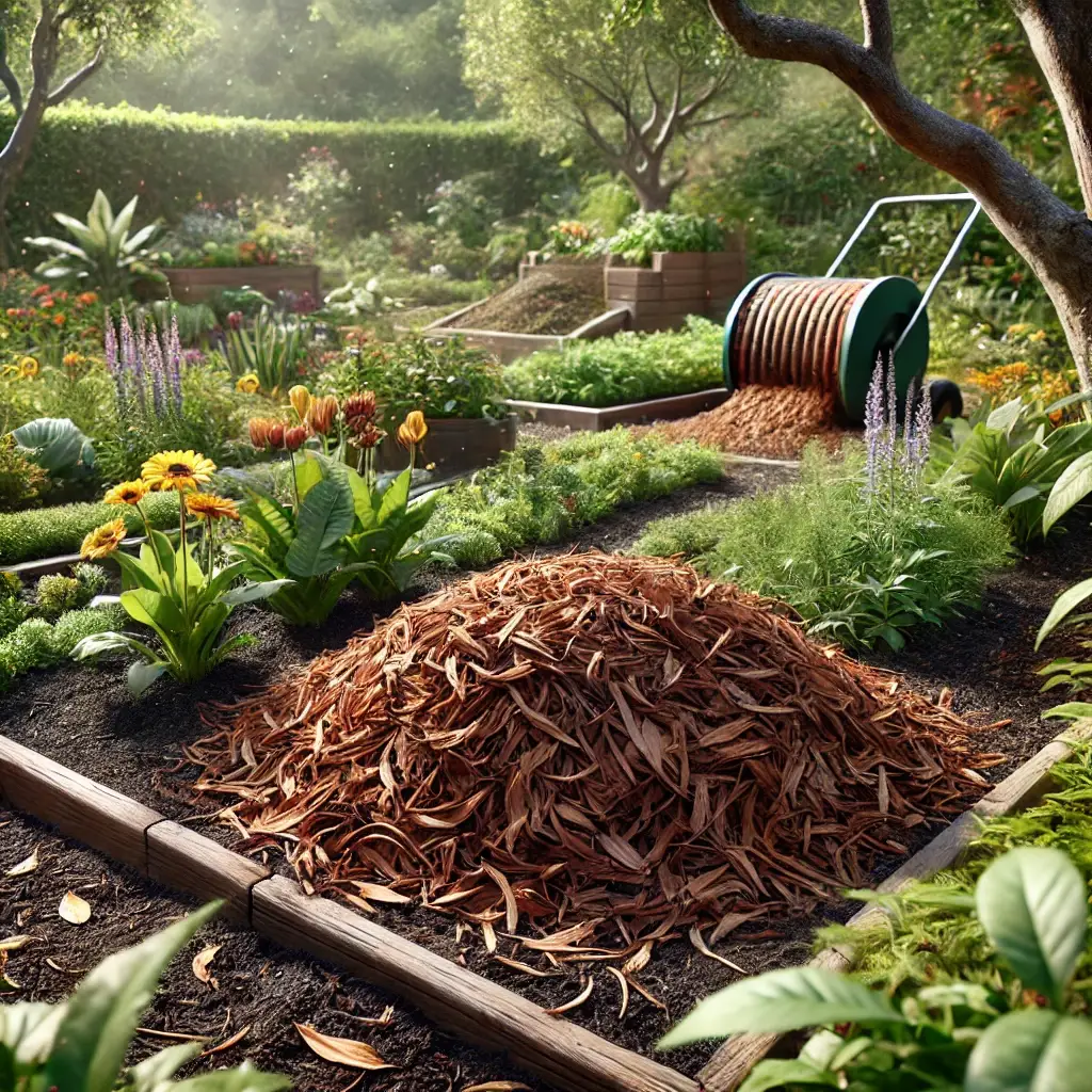 Organic garden with flower beds, vegetable gardens, and trees mulched with a 2-3 inch layer of shredded leaf mulch, showing its rich, dark texture.