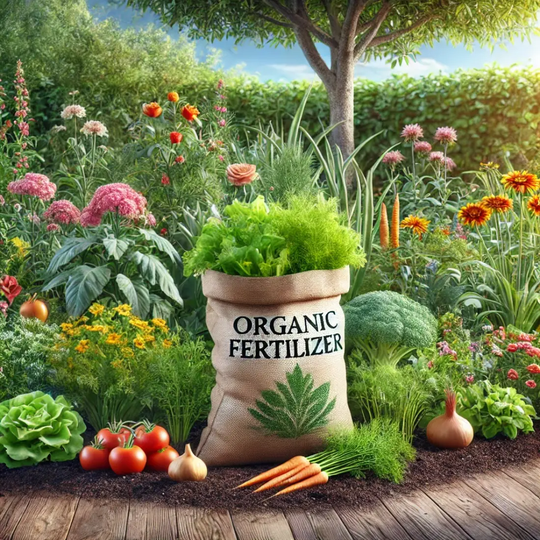 A lush garden with vibrant vegetables and colorful flowers, featuring a prominently placed bag labeled 'Organic Fertilizer' near the thriving plants.