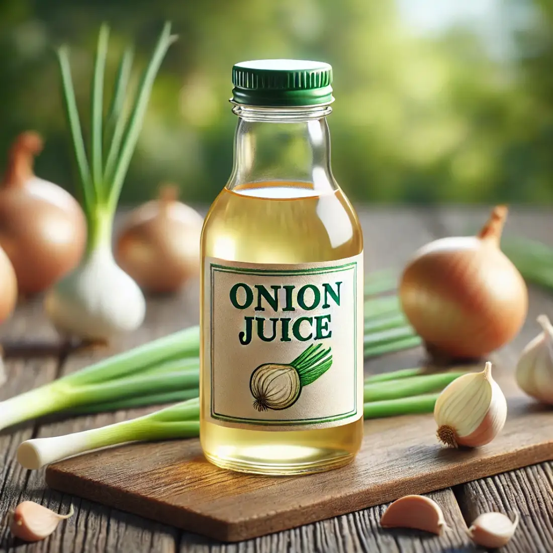 Small glass bottle labeled "Onion Juice" on a wooden table with fresh onions and garlic, set in a natural, green environment.