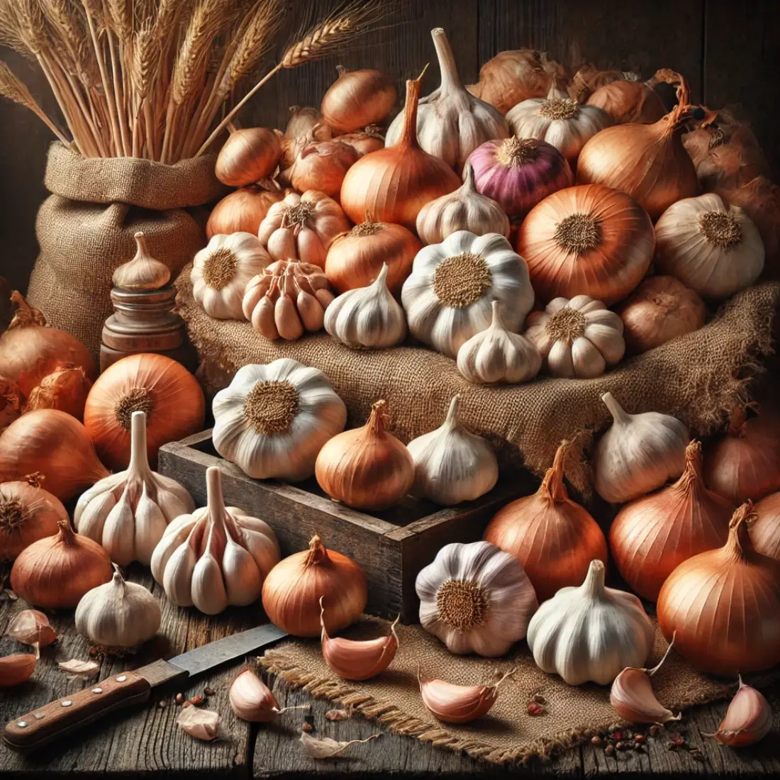 Various garlic and onion varieties on a wooden table, with burlap sacks and gardening tools for a fall harvest atmosphere.