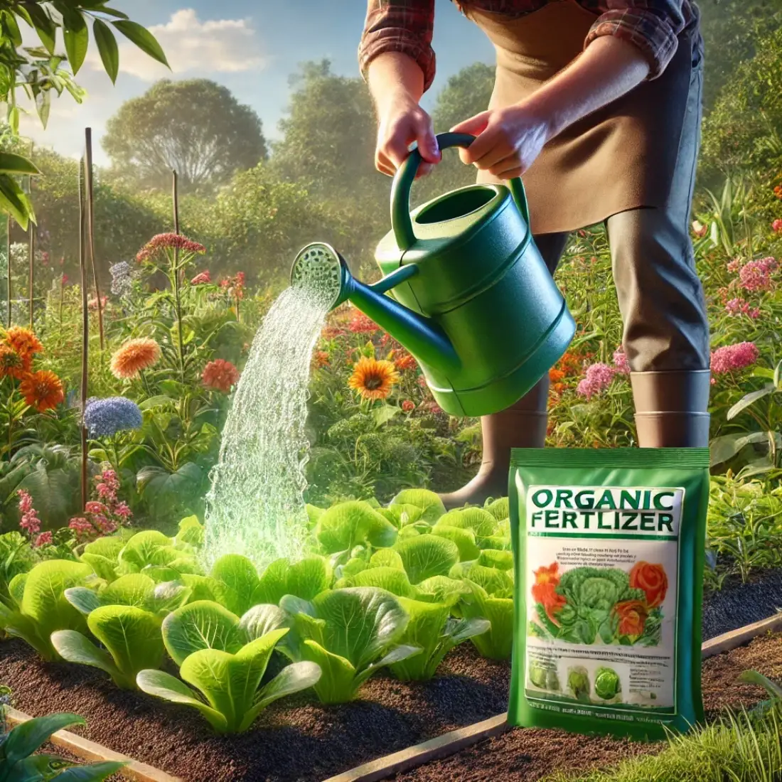 Gardener using a watering can to pour gelatin solution around lush green plants. A package labeled 'Gelatin Fertilizer' is in the lower right corner.