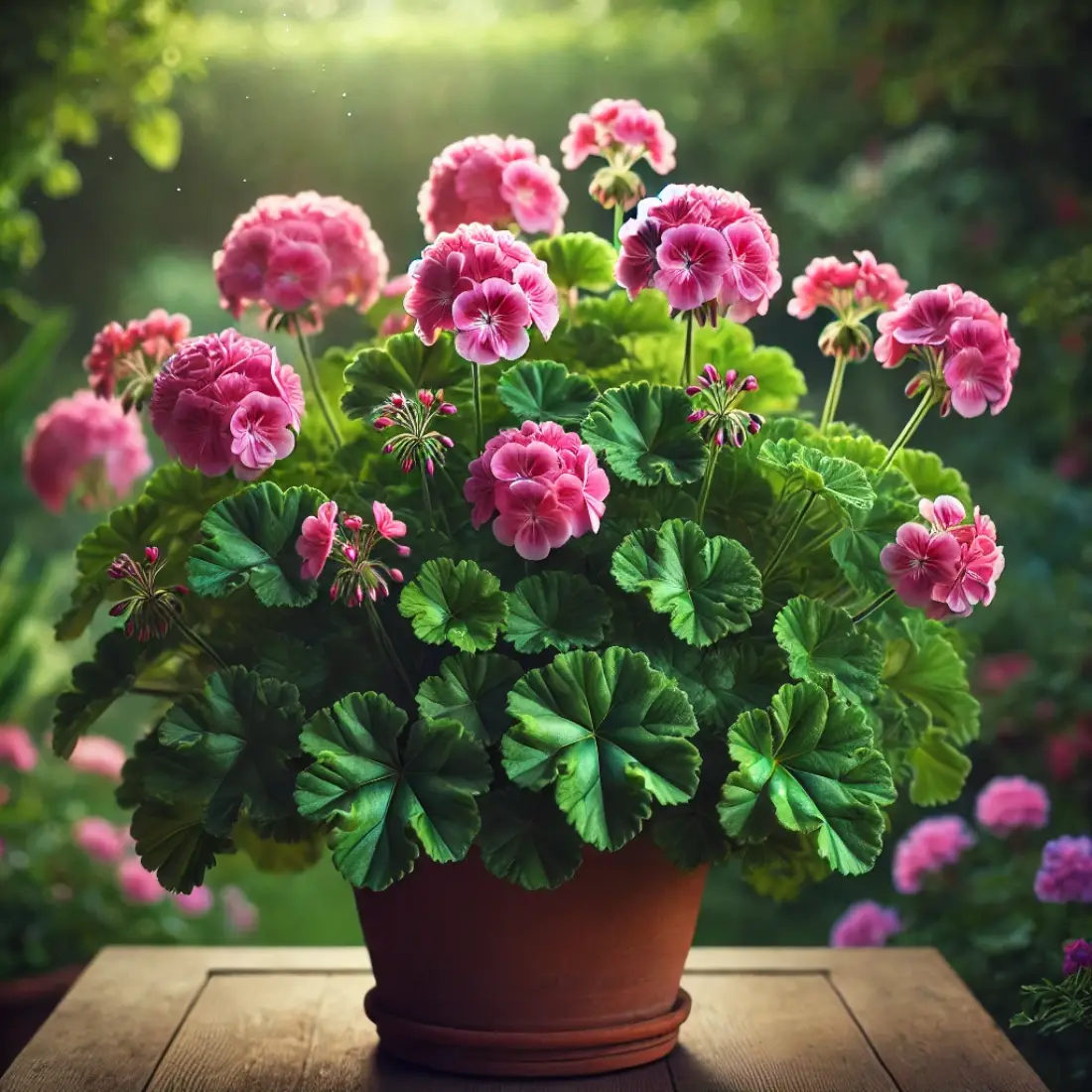 Lush geranium plant with bright pink flowers in a terracotta pot, set against a natural outdoor background.
