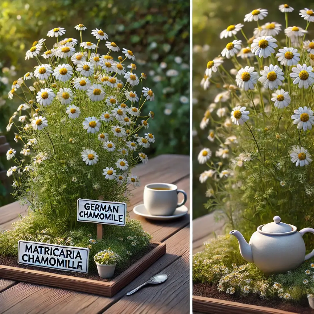 German chamomile plant with white daisy-like flowers and yellow centers in a lush garden, labeled "Matricaria chamomilla," with a teapot and cup nearby.